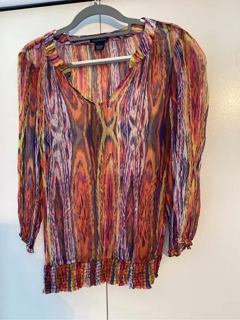 Lucky Brand Multicolor Ikat Sheer Blouse - Orange, Purple, Yellow